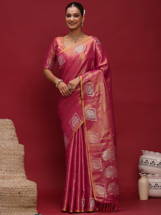 Pink Pink Tussar Linen Woven Saree