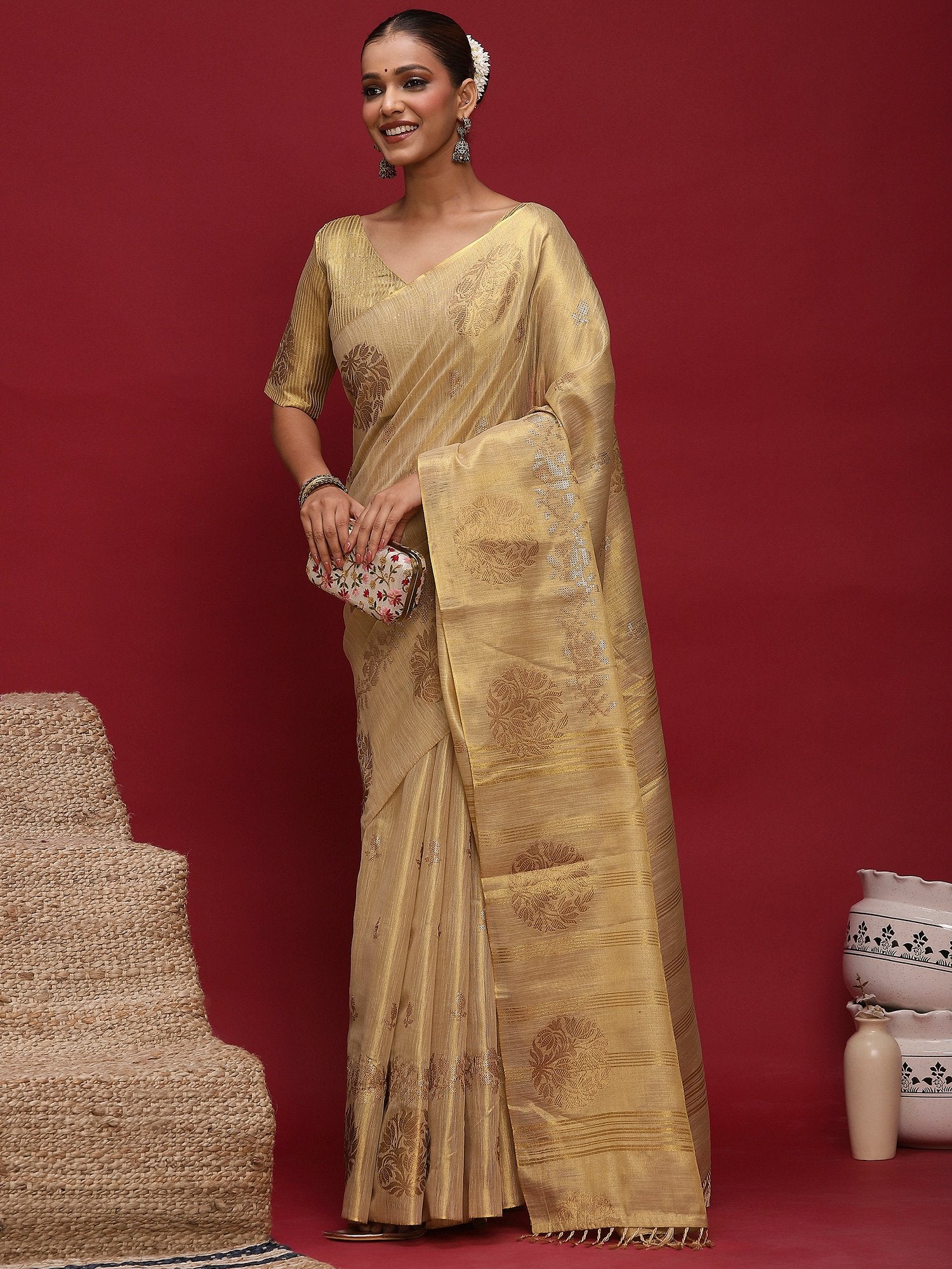Cream Banarasi Linen Woven Saree