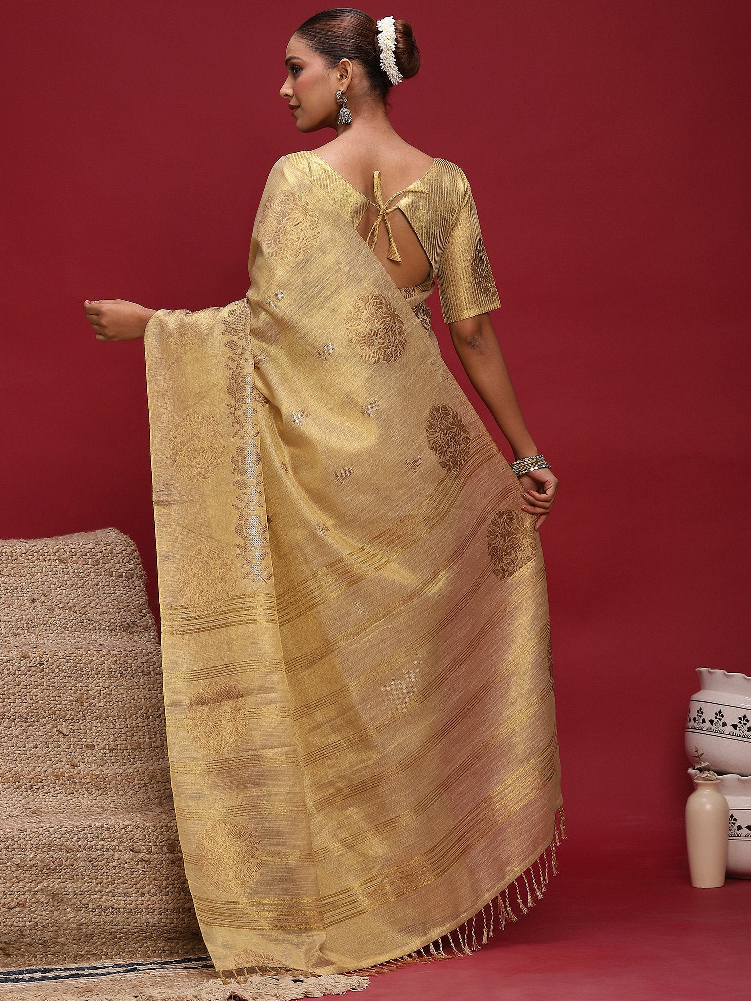 Cream Banarasi Linen Woven Saree