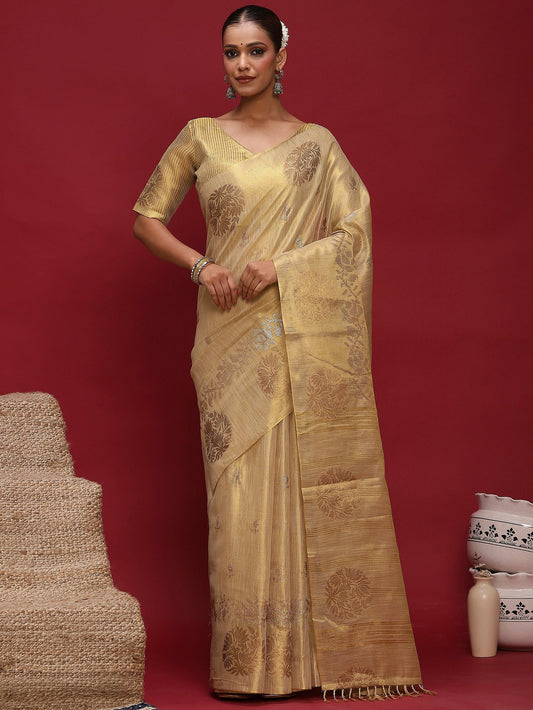 Golden Cream Banarasi Linen Woven Saree