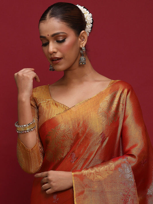 Red Red Banarasi Linen Woven Saree