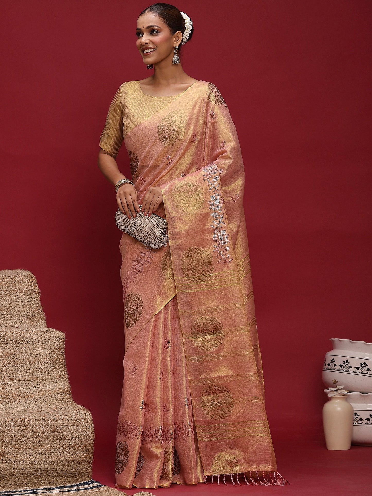 Peach Banarasi Linen Woven Saree