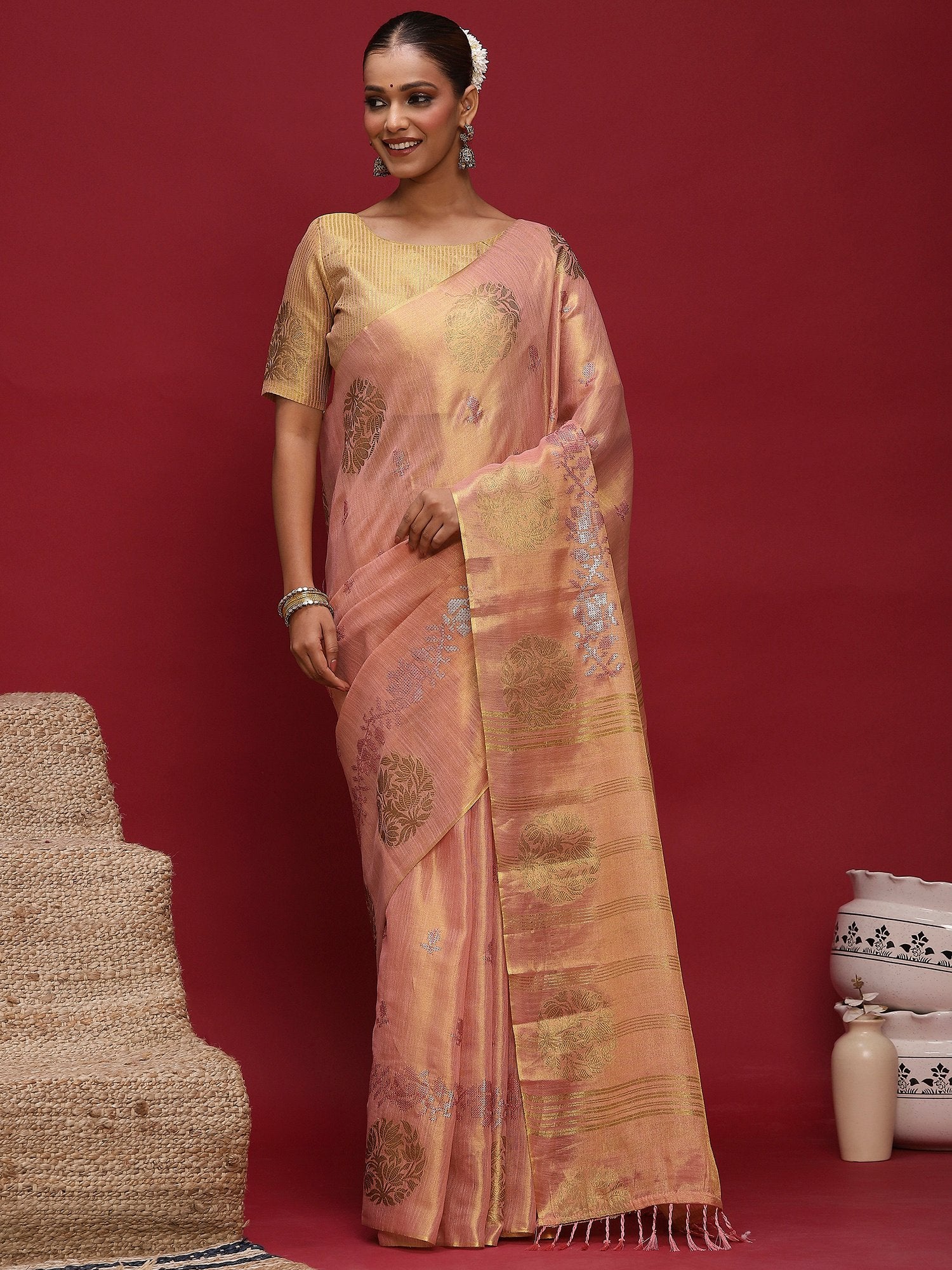 Pink Peach Banarasi Linen Woven Saree