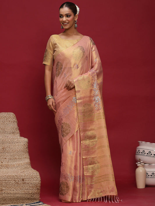 Pink Peach Banarasi Linen Woven Saree
