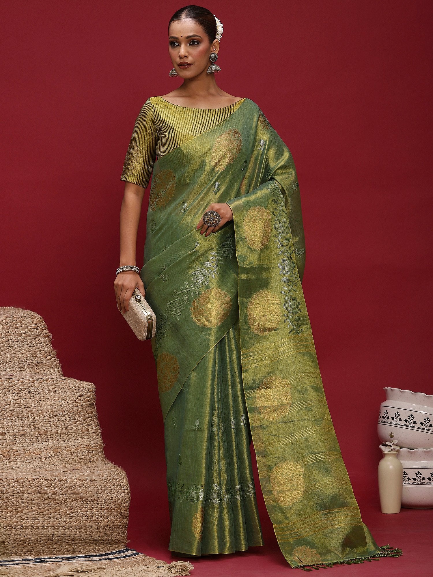 Green Banarasi Linen Woven Saree