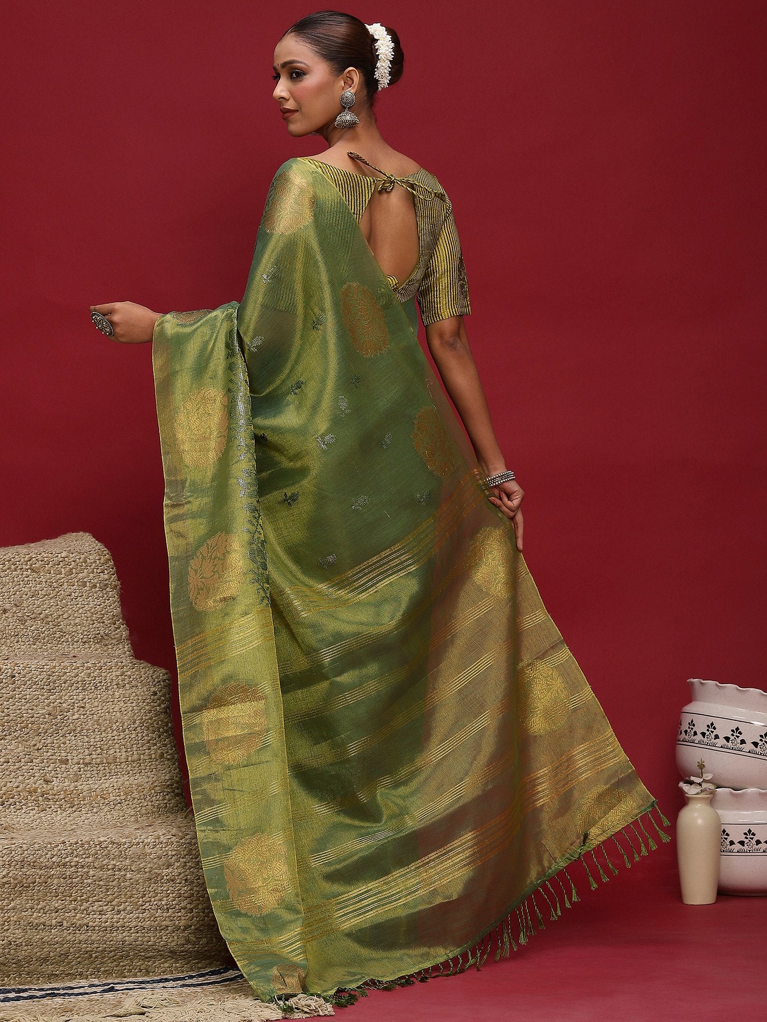 Green Banarasi Linen Woven Saree