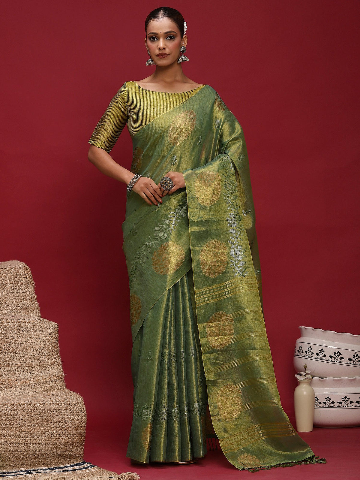 Green Green Banarasi Linen Woven Saree