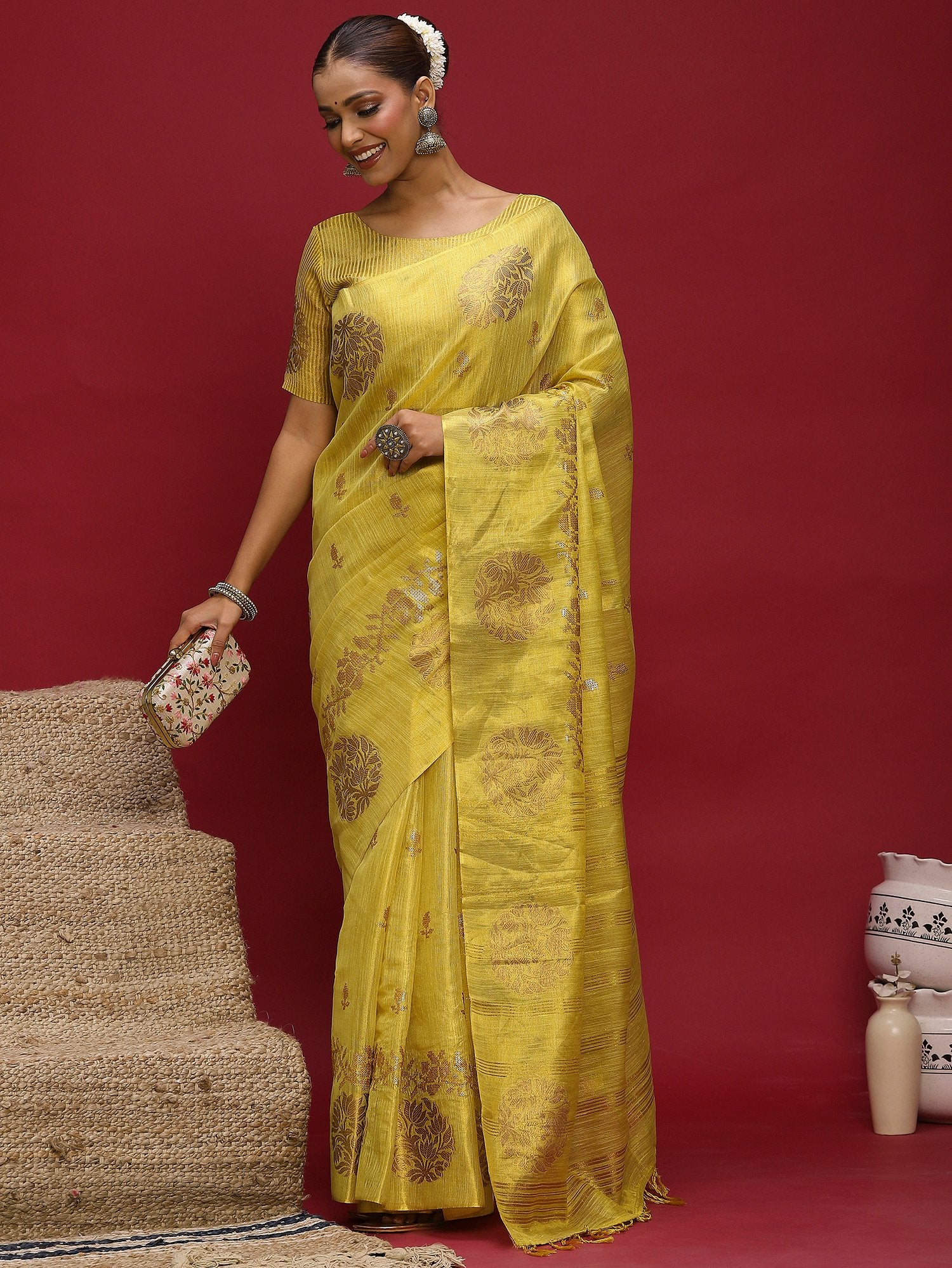 Yellow Banarasi Linen Woven Saree