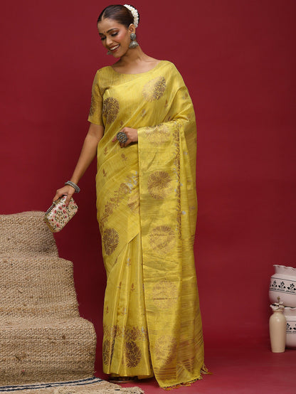 Yellow Banarasi Linen Woven Saree