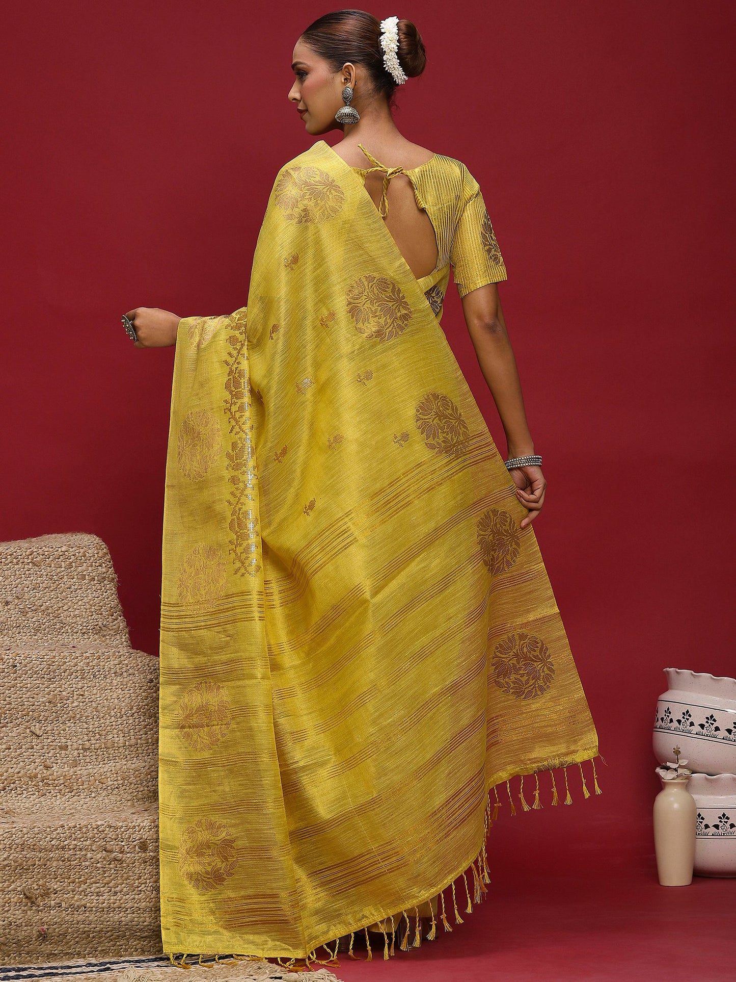 Yellow Banarasi Linen Woven Saree