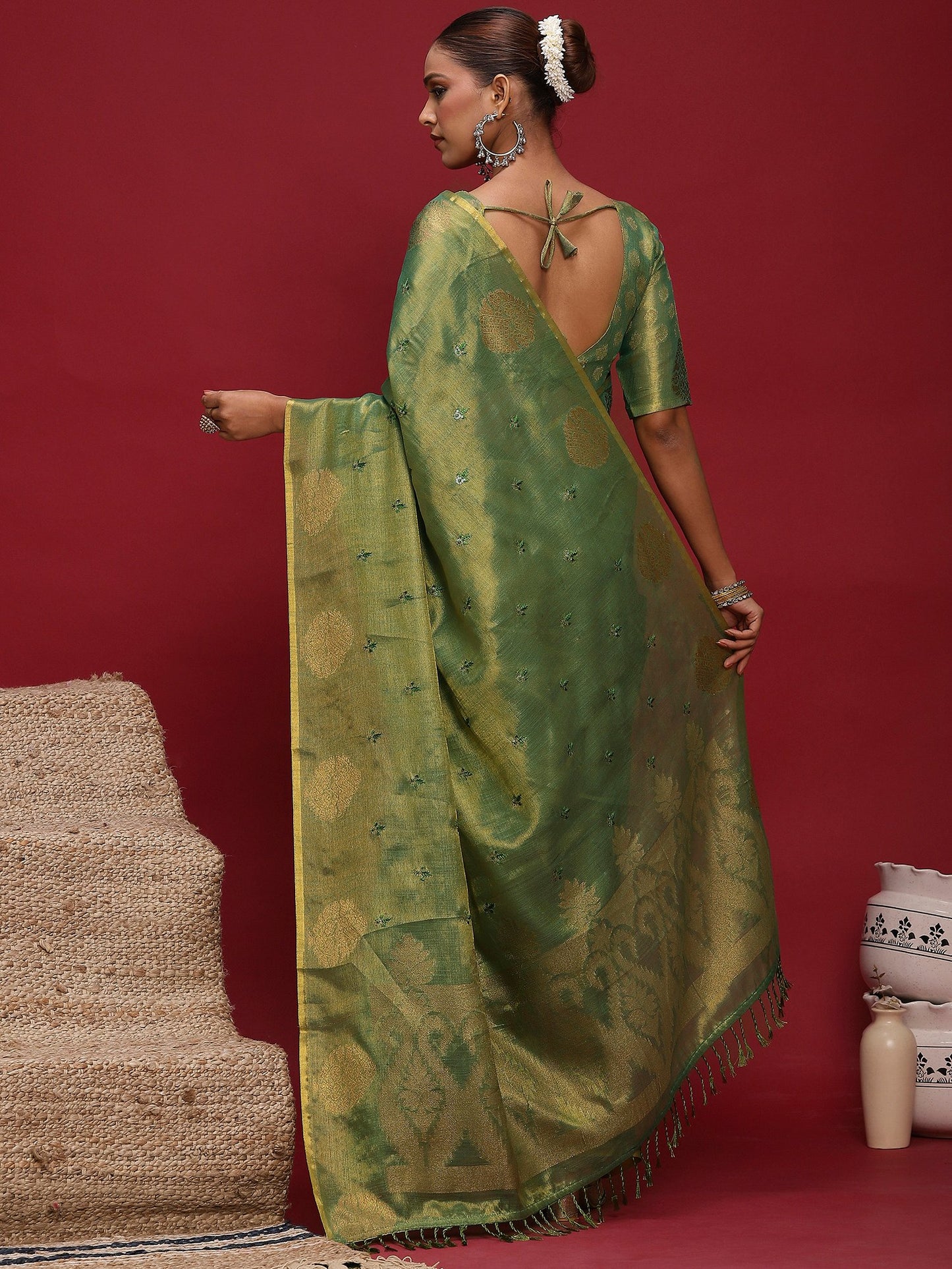 Green Banarasi Linen Woven Saree