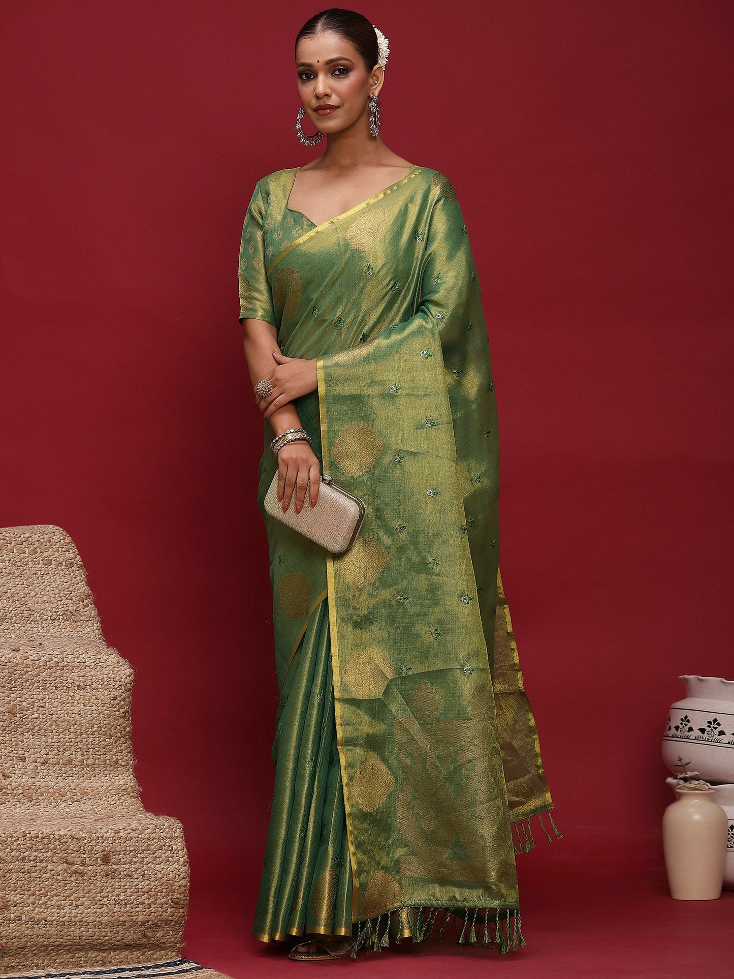 Green Banarasi Linen Woven Saree