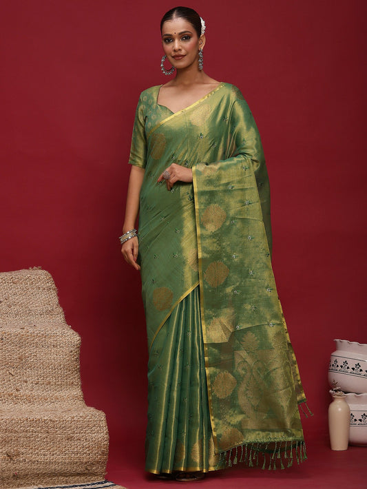 Green Green Banarasi Linen Woven Saree