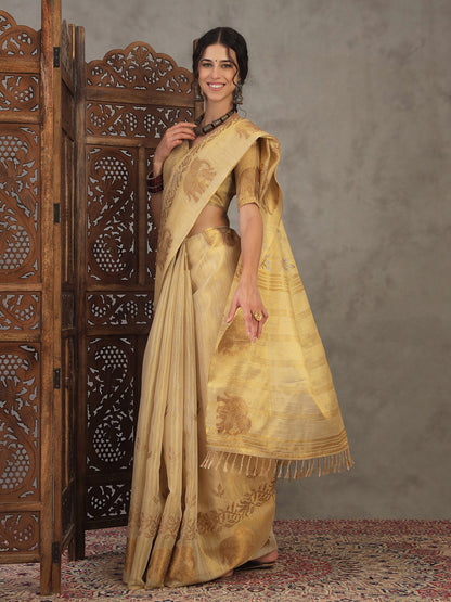 Cream Banarasi Linen Woven Saree