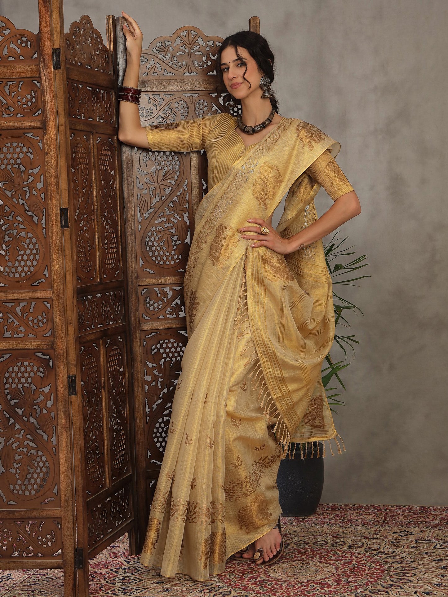 Cream Banarasi Linen Woven Saree