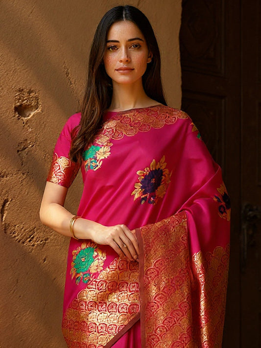 Pink Pink Banarasi Silk Blend Woven Saree