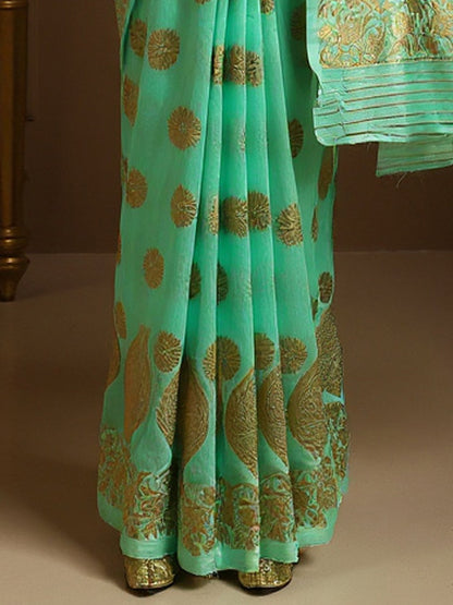 Turquoise Banarasi Silk Blend Woven Saree