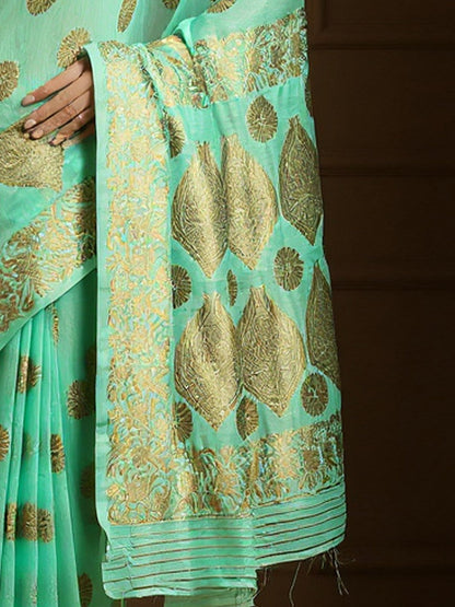 Turquoise Banarasi Silk Blend Woven Saree