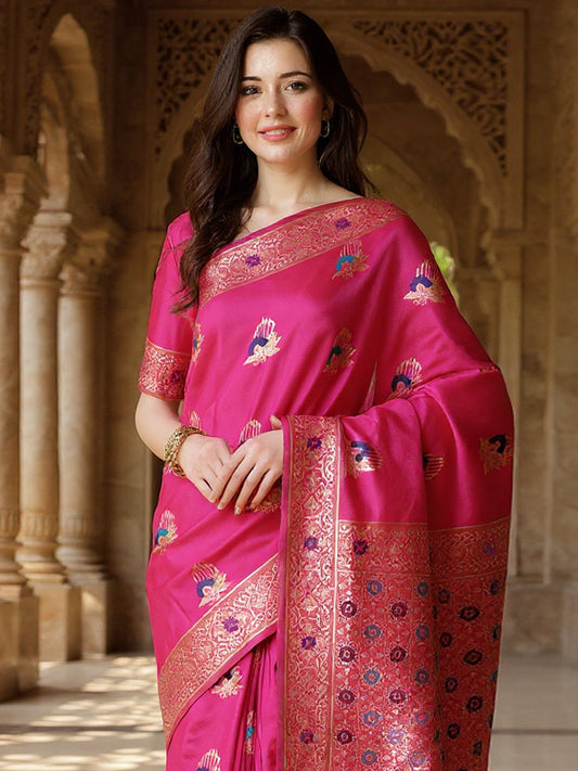 Pink Pink Banarasi Silk Blend Woven Saree