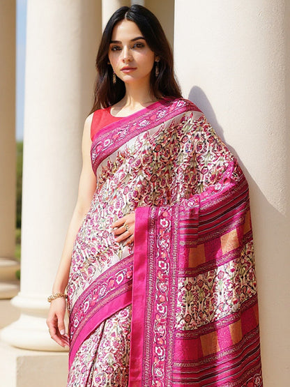 Cream Beige Dabu Pashmina Silk Printed Saree