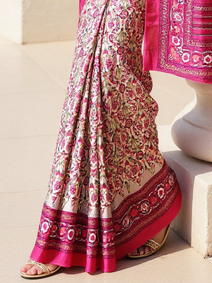 Beige Dabu Pashmina Silk Printed Saree