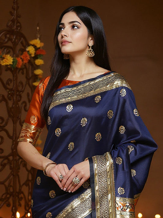 Blue Navy Banarasi Silk Blend Woven Saree