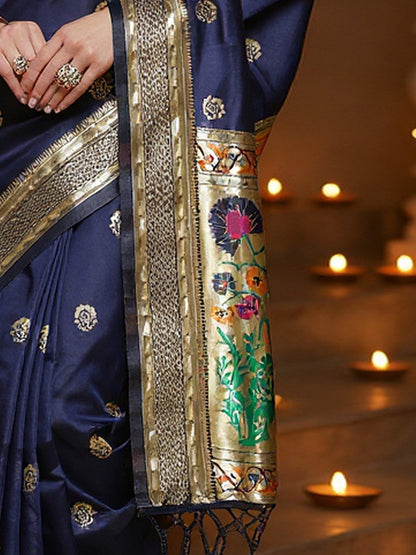 Navy Banarasi Silk Blend Woven Saree