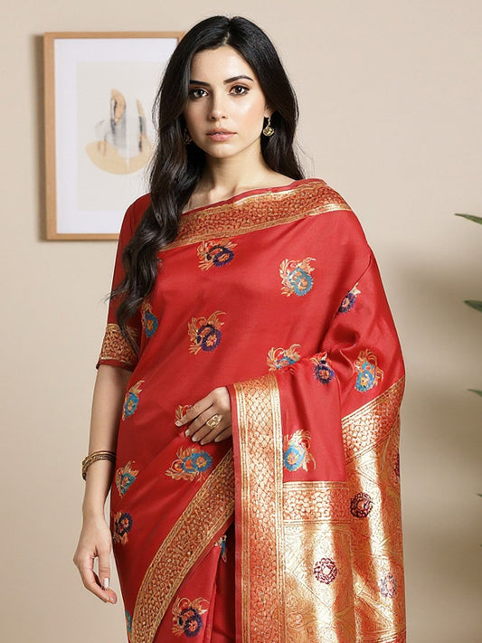 Red Red Banarasi Silk Blend Woven Saree