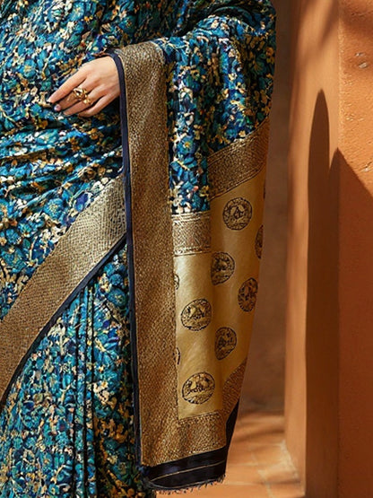 Teal Banarasi Silk Blend Woven Saree