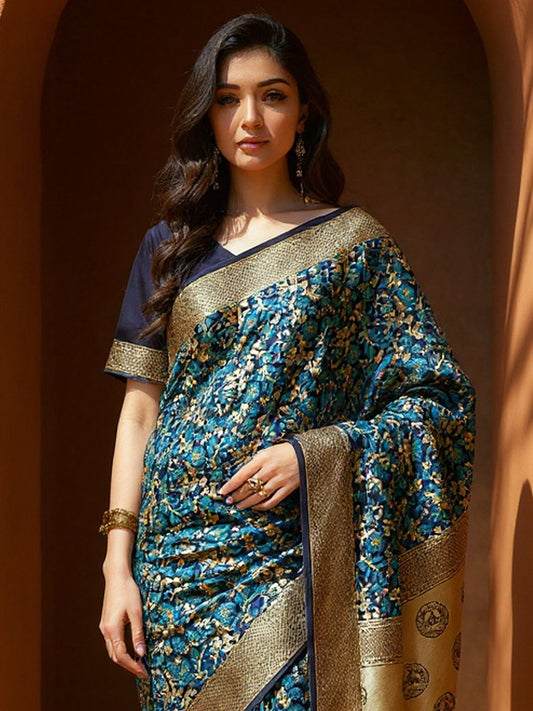 Blue Teal Banarasi Silk Blend Woven Saree