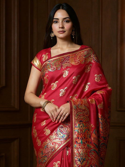 Red Red Banarasi Silk Blend Woven Saree