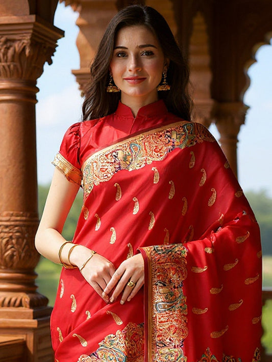 Red Red Banarasi Silk Blend Woven Saree