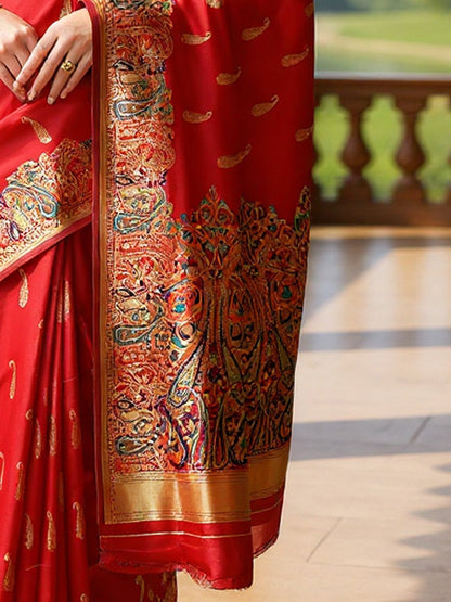 Red Banarasi Silk Blend Woven Saree