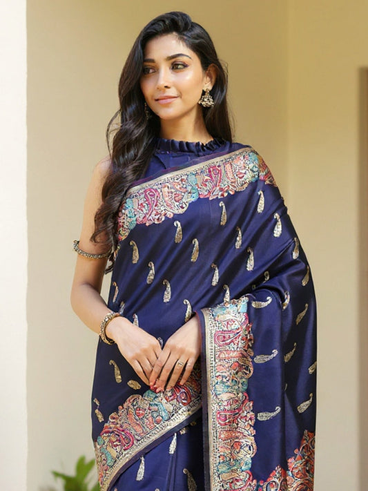 Blue Navy Banarasi Silk Blend Woven Saree
