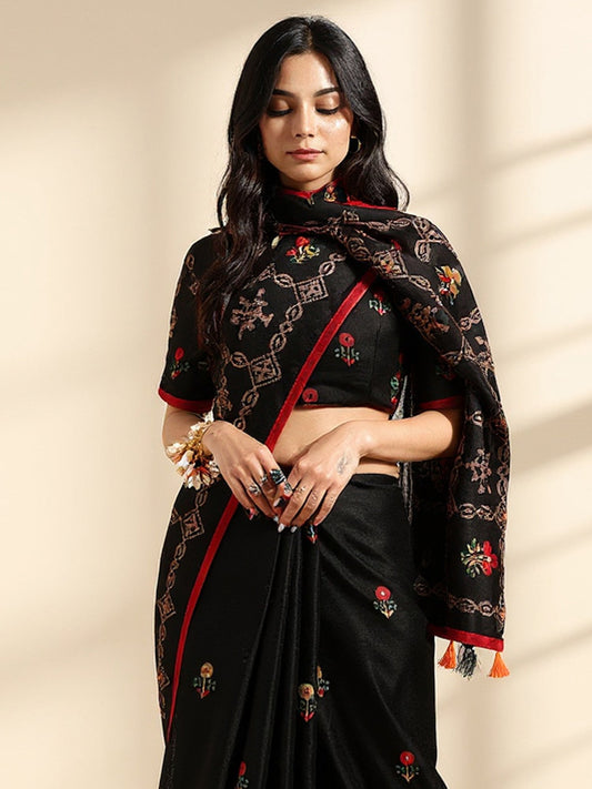 Black Black Banarasi Jute Silk Printed Saree