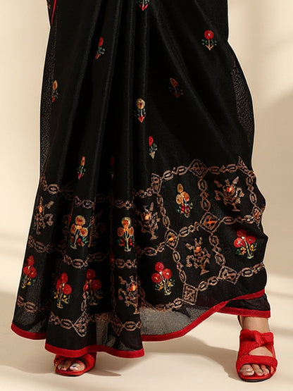 Black Banarasi Jute Silk Printed Saree