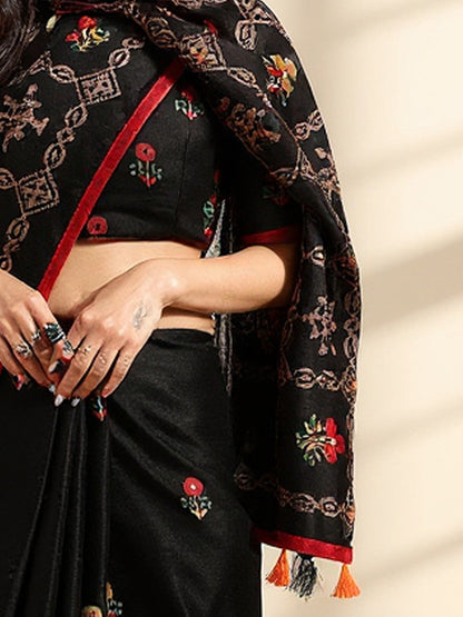 Black Banarasi Jute Silk Printed Saree