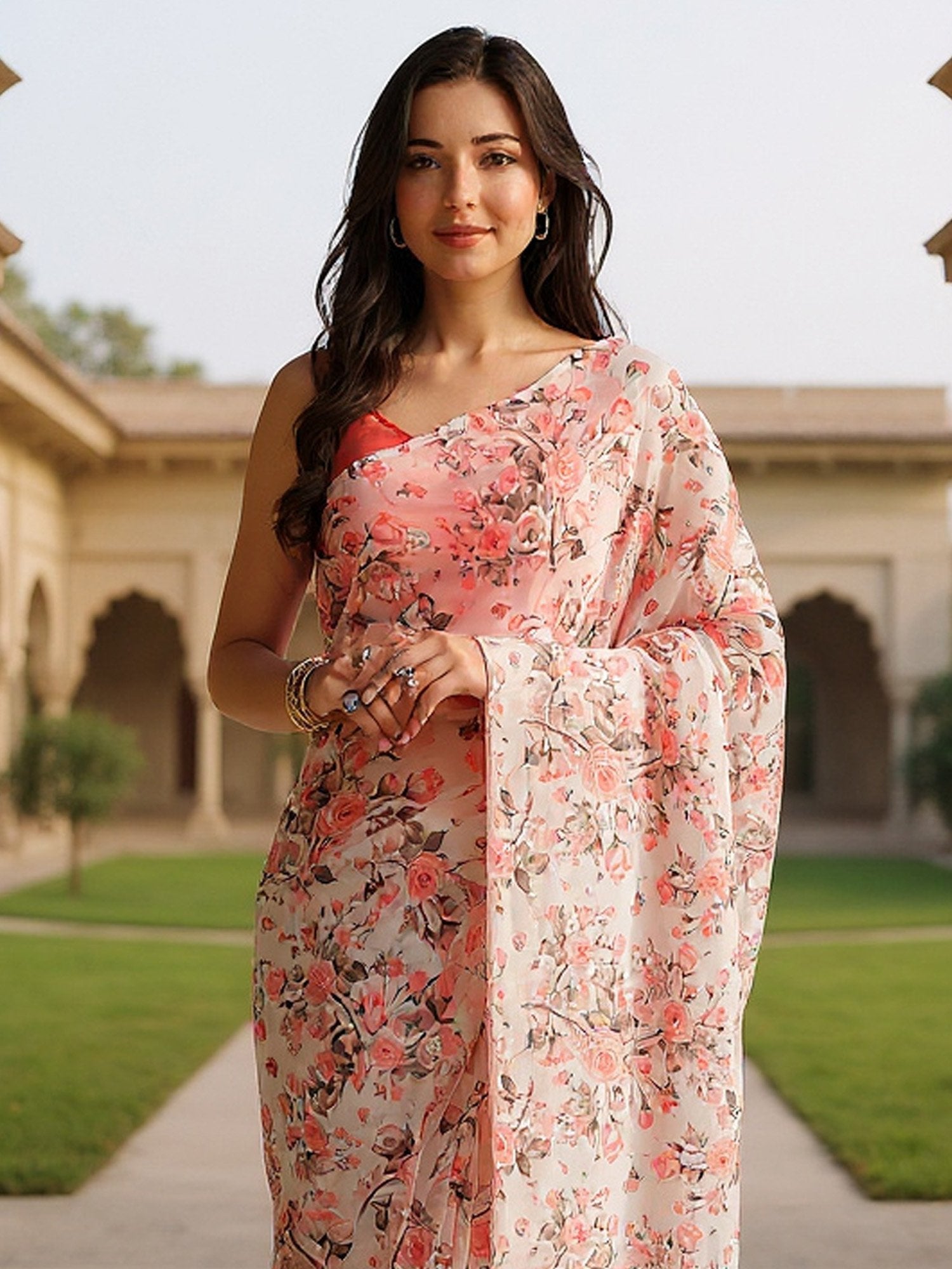 White OffWhite Party Wear Organza Embellished Saree