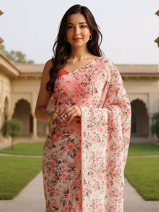 White OffWhite Party Wear Organza Embellished Saree