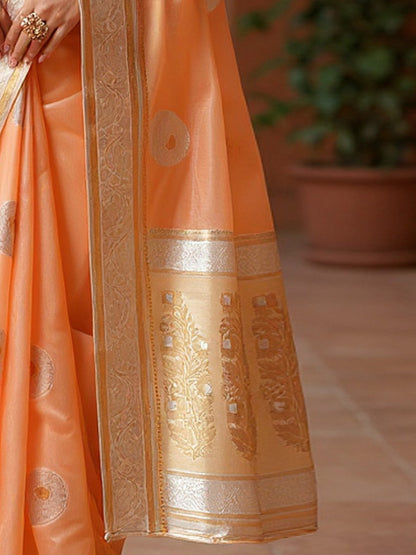 Peach Banarasi Silk Blend Woven Saree