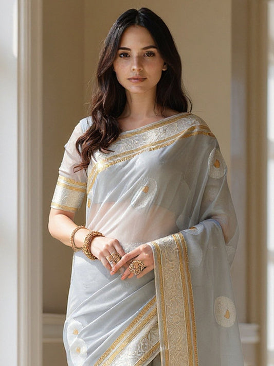 Grey Grey Banarasi Silk Blend Woven Saree