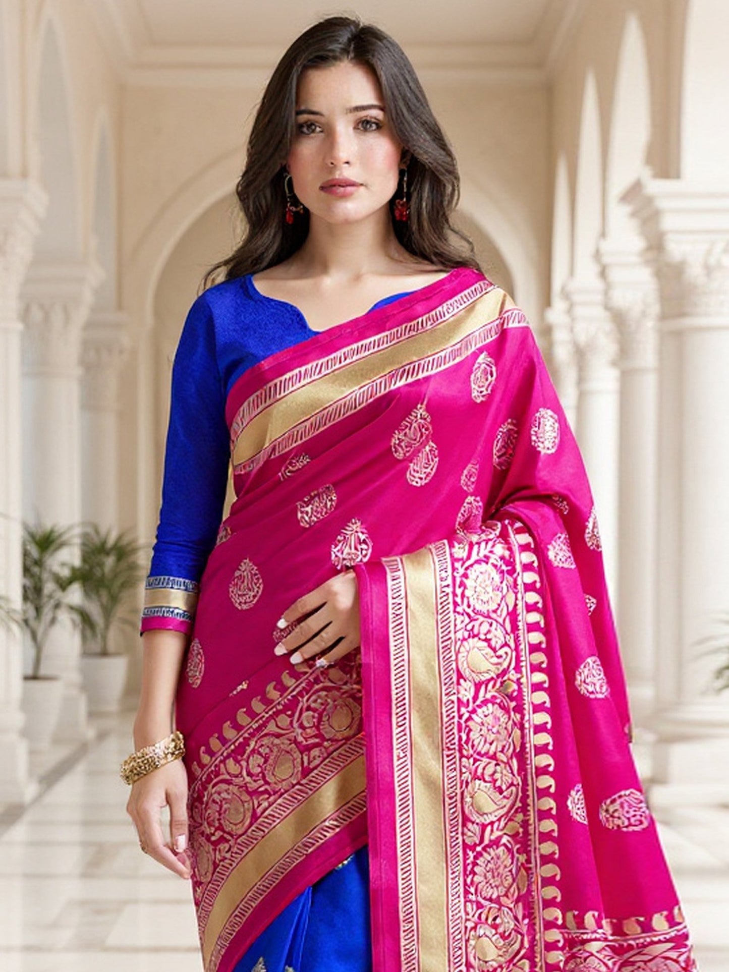 Pink Blue Banarasi Art Silk Printed Saree
