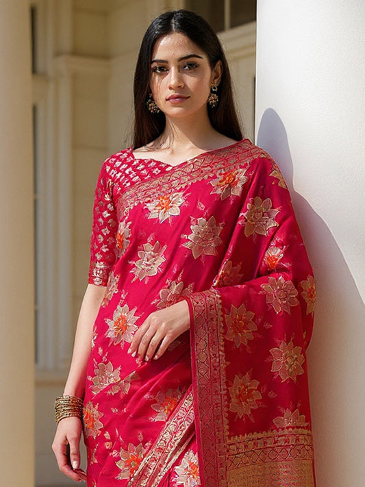 Pink Pink Banarasi Silk Blend Woven Saree
