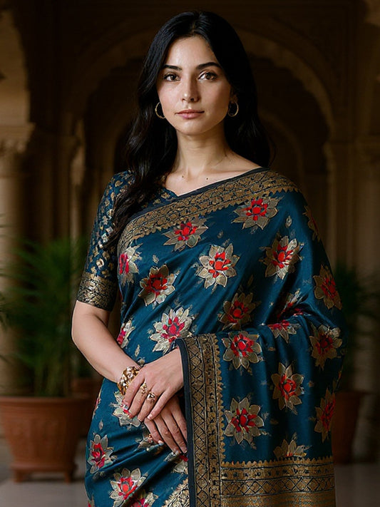 Blue Teal Banarasi Silk Blend Woven Saree