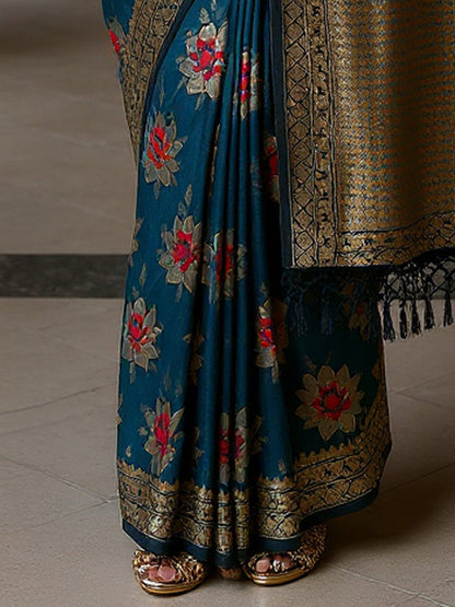 Teal Banarasi Silk Blend Woven Saree