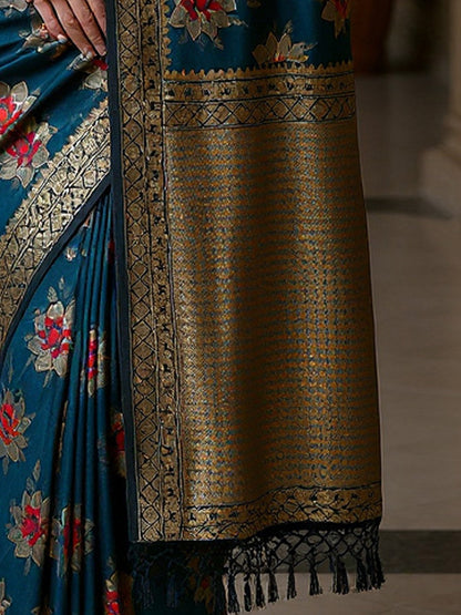 Teal Banarasi Silk Blend Woven Saree