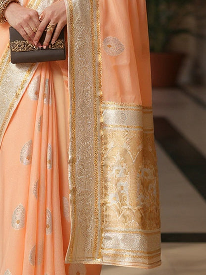 Peach Banarasi Silk Blend Woven Saree
