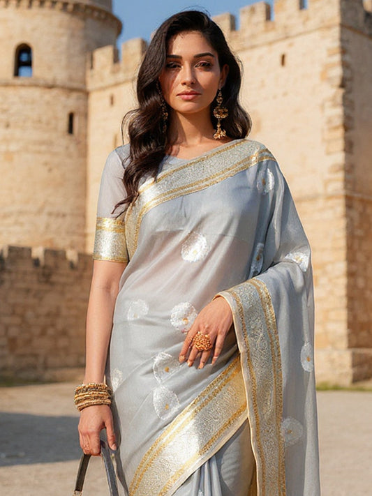 Grey Grey Banarasi Silk Blend Woven Saree