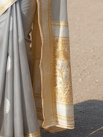 Grey Banarasi Silk Blend Woven Saree