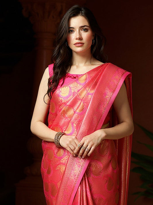 Pink Pink Banarasi Silk Blend Woven Saree